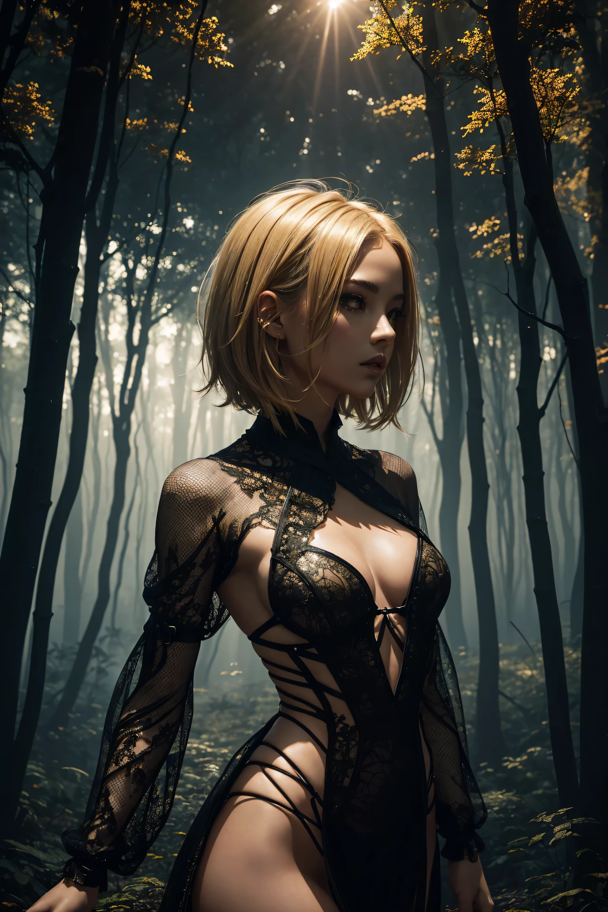 (masterpiece, top quality, best quality, official art, beautiful and aesthetic:1.2), (1girl),upper body,  short blonde hair. asymetric bob, one side of head shaved, slim, small ,  young asian girl.
sexy, sctive, teasing the viewer. wearing a long dress made of strips of cloth, cloth strips circling floating magically around her, fishnet stockings, fishnet.
background of a creepy dark forest, silhouettes of crooked twisted trees, twisted, gnarly branches, misty, magical, mystical, golden sunlight, golden god rays, lens flare, lens artifacts. golden foliage.
side angle, dynamic pose, dramatic lighting
extreme detailed,(fractal art:1.3), white, black and gold, colorful, highest detailed, very deep vignette
atmosphere is spooky, eerie, evil, magical, fantasy world