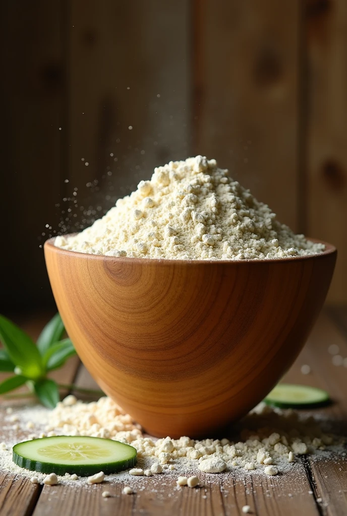 Make an image of a very tall wooden bowl with flour made from cucumber
