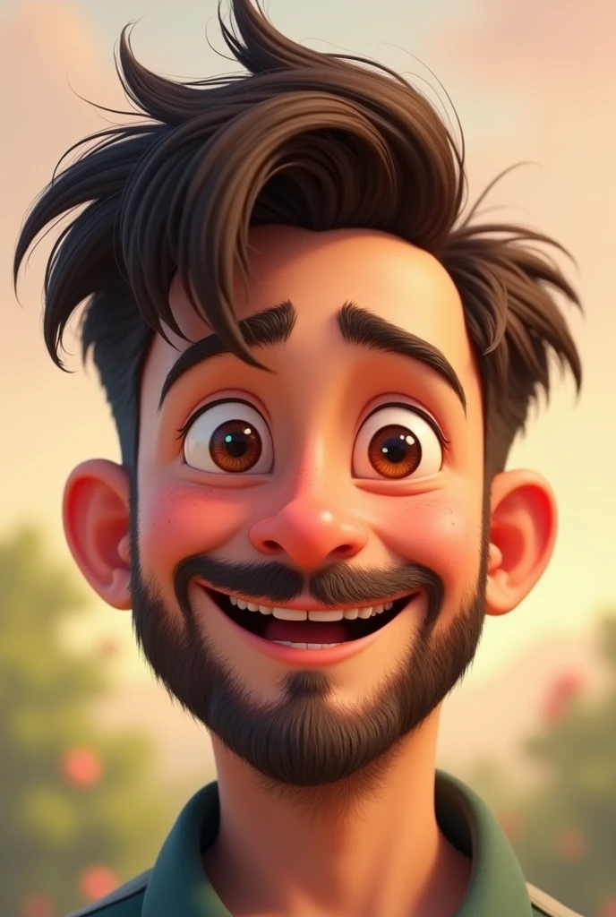 Pixar-style: Brown eyed man with hairstyle 2 in his hair, with short dark brown beard