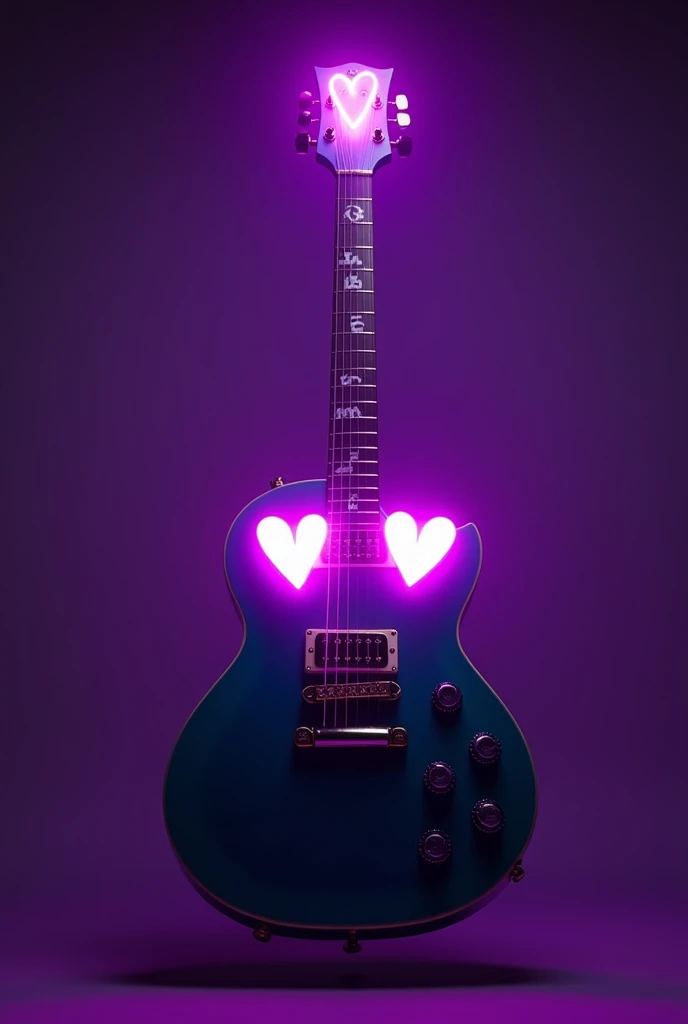 Photograph of a guitar with a letter and heart-shaped pickups on top with purple neon light