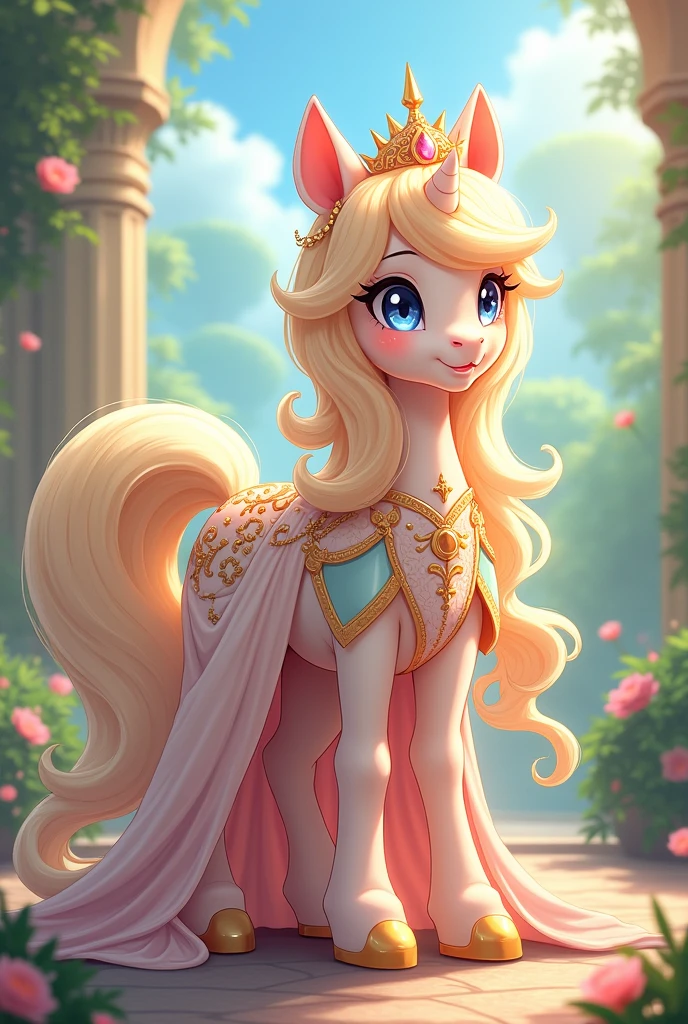 anime pony drawn with long hair and luxurious clothes