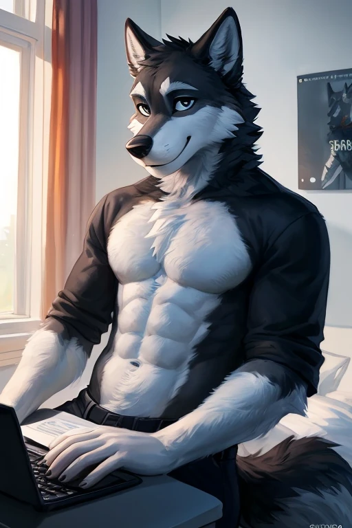 ((( inside of a dorm bedroom sitting at a desk doing homework using pencil and paper with a laptop nearby , A furry character wolf thats mostly gray with some black fur on his back and legs with a white torso his head has black and white fur and has dog/wolf like ears which has black fur on it
And his tail is a combination of black white and gray fur With blue eye
abs ,anthro ,belly ,,))), big chest wearing clothing , day, , sensual, detailed, uploaded to e621, beautiful and detailed portrait of an anthropomorphic , (((male))) uploaded to e621, zaush, foxovh, movie lighting, thicc, alone, movie cover, detailed, 8k res, hires, detailed eyes, good anatomy, good perspective, towards viewer, by bebebebebe, by sicklyhypnos, by gerkk, by orf, nice hands, perfect hands, happy, romantic, ray tracing lighting, rtx on