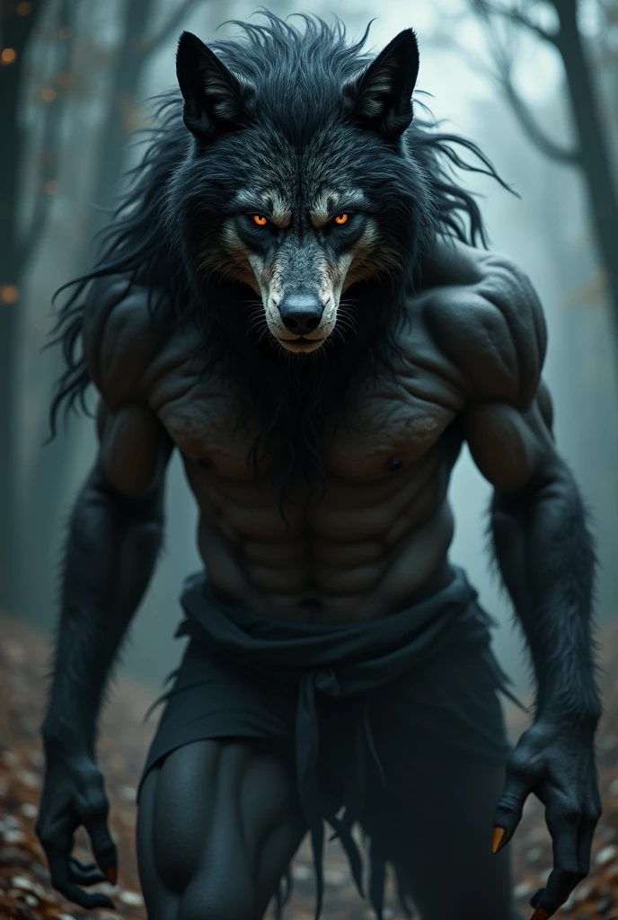 Beautiful werewolf, dark skin and black hair with hazel eyes with scars, in human transformation
