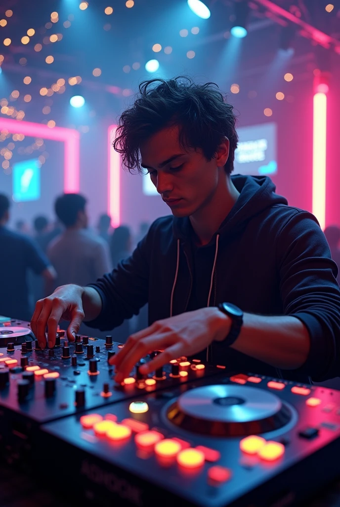 A young man at a nightclub playing DJ music with many button DJ equipment, the young man's face is relaxed and serious amidst the sparkling lights, detailed portrait, intricate futuristic control panel, neon lights, cinematic lighting, dramatic atmosphere, hyperrealistic, 8K, photorealistic, highly detailed, masterpiece