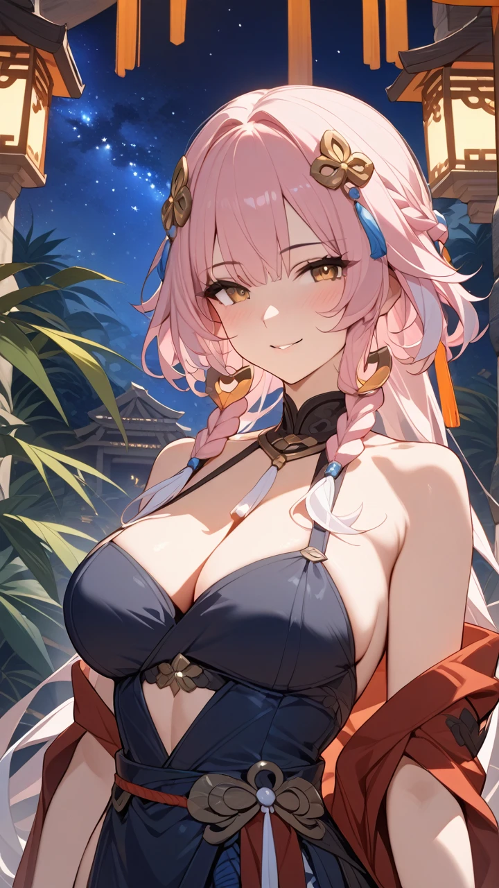 (Masterpiece, best quality:1.2,) \(mingchao/changli\),1girl, solo, long hair, hair ornament ,pink hair, cleavage, bare shoulders, bangs, smile, braid, upper body, standing outside exotic jungle temple, starry night.