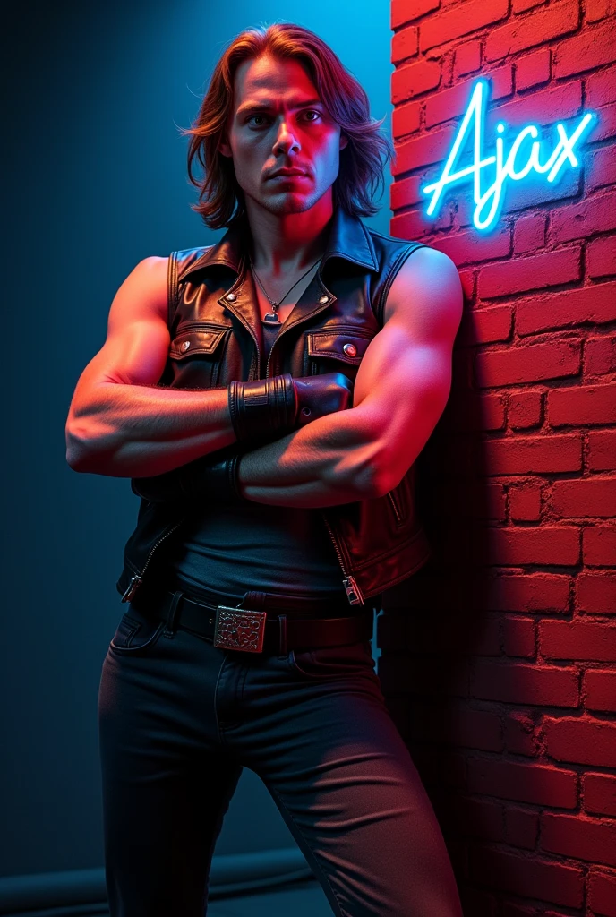 film The Warriors 1979 Stylized poster featuring a man (James Remar) leaning against a red brick wall. The man has white skin, shoulder-length hair and a dark gigachad face with a serious expression. He is wearing a sleeveless brown leather vest, classic retro black genuine leather gloves, middle finger gloves, a black belt with a large buckle and dark pants. His arms are crossed with his foot resting on the wall. The background is a dark blue to black gradient, transitioning into the red brick wall. The word 'AJAX' is displayed in bright blue neon letters in the top right corner. In the bottom right corner there is a logo
red and blue color with the text ‘The Warriors’ in graffiti style font.