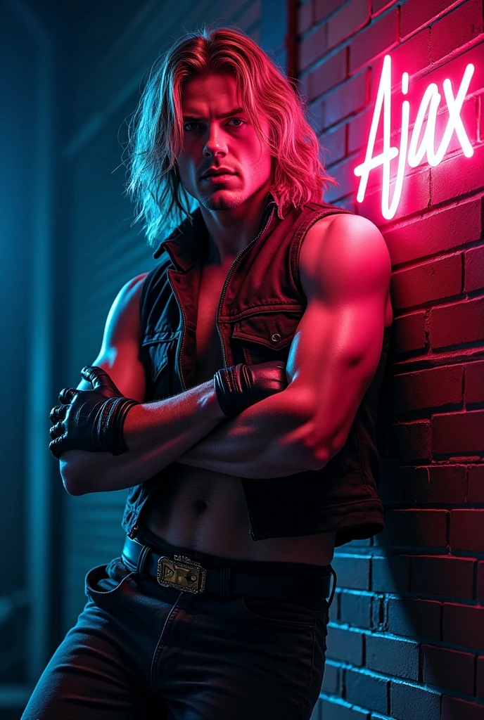 film The Warriors 1979 Stylized poster featuring a man (James Remar) leaning against a red brick wall. The man has white skin, shoulder-length hair and a dark gigachad face with a serious expression. He is wearing a sleeveless brown leather vest, classic retro black genuine leather gloves, middle finger gloves, a black belt with a large buckle and dark pants. His arms are crossed with his foot resting on the wall. The background is a dark blue to black gradient, transitioning into the red brick wall. The word 'AJAX' is displayed in bright blue neon letters in the top right corner. In the bottom right corner there is a logo
red and blue color with the text ‘The Warriors’ in graffiti style font.