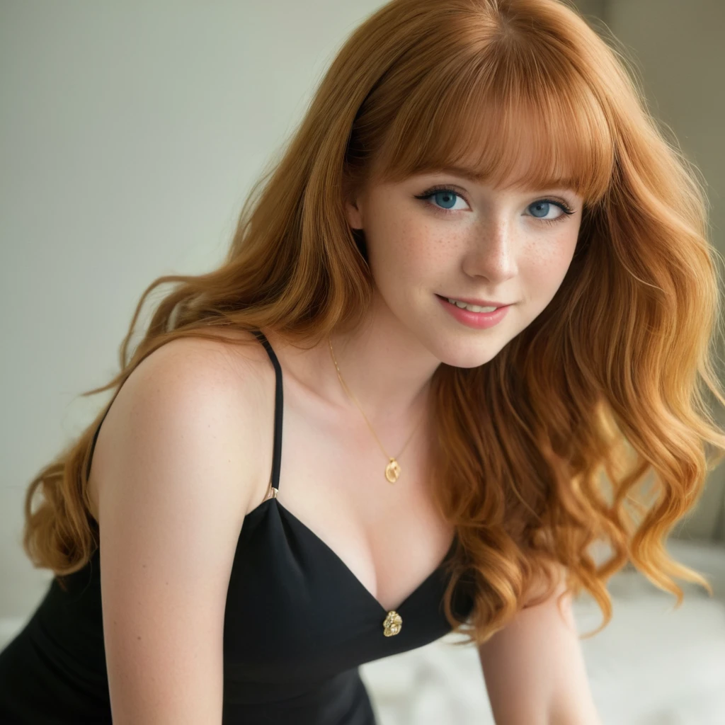 ((Full body portrait)), (19yo woman:1.2), redhead, ginger with bangs and wavy hair, pale blue eyes, smiling, slim, (freckles:1.1), very long wavy hair, sublte blonde highlights, ((wearing a gold necklace)) goddess, wearing a black minidress, (natural breasts: 1.1), large breasts, covered nipples,(curvy feminine figure), (wide hips), dark eyeliner and eyeshadow, dutch angle, cute, attractive, beautiful, masterpiece, best quality, high quality, professional quality, highly detailed, highres, perfect lighting, natural lighting, ultra-detailed masterpiece, 