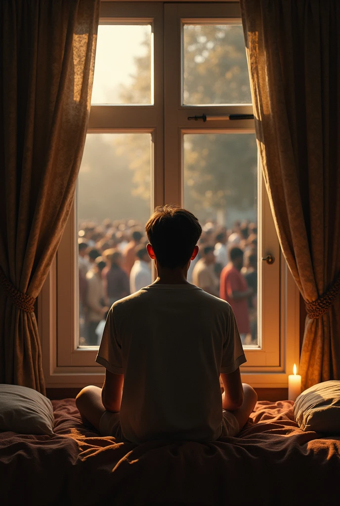 A young man asleep listening to a sermon sitting on the second floor window of his room where there are several people