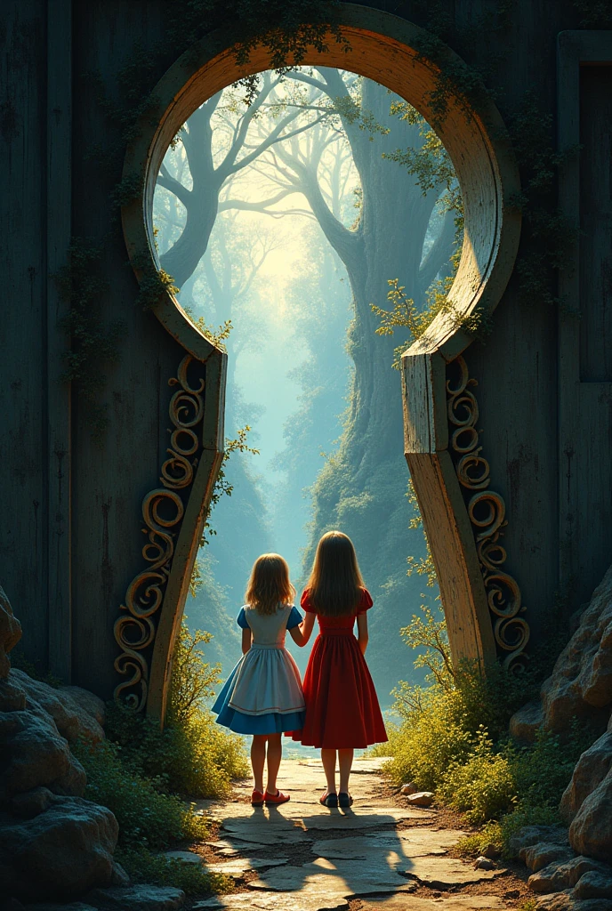 Create a picture with Coraline and Alice in Wonderland by mixing the two worlds seen through a keyhole