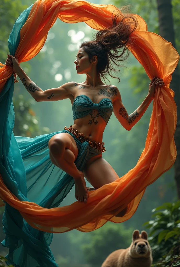 A brunette woman with tattoos, doing aerial dance on fabrics, around capybaras