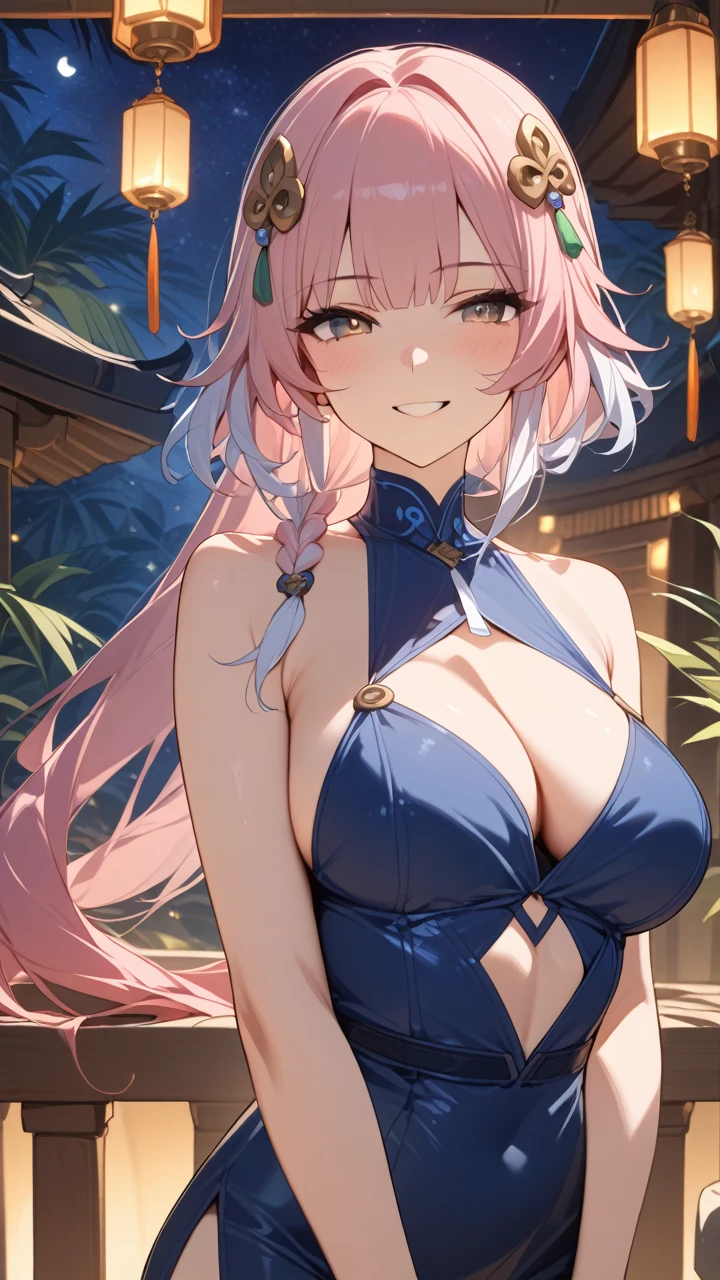 (Masterpiece, best quality:1.2,) \(mingchao/changli\),1girl, solo, long hair, hair ornament ,pink hair, cleavage, bare shoulders, bangs, smile, braid, upper body, standing outside exotic jungle temple, starry night.
