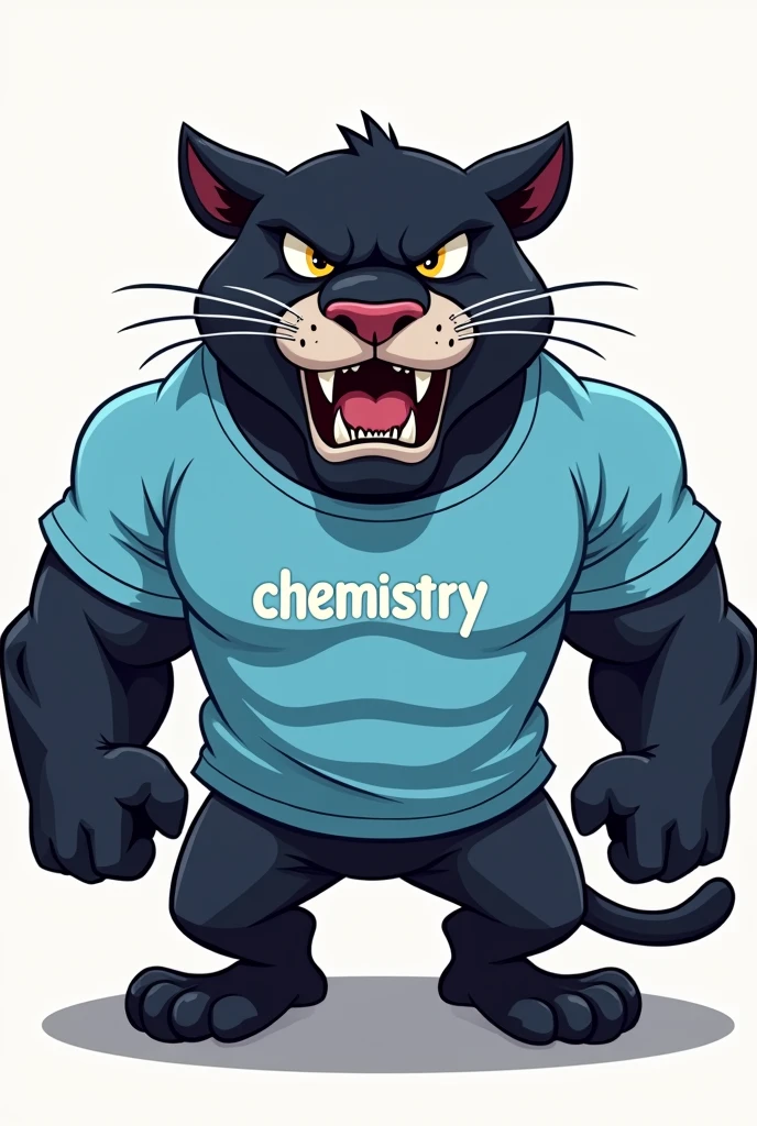 Muscular panther cartoon, with angry face, showing its claws, looking ahead, with a light blue t-shirt that says chemistry