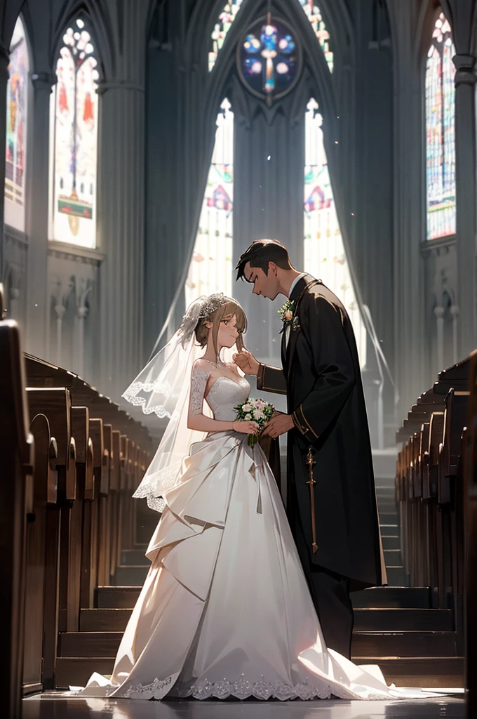 The idea is, I'd like to have her in a wedding gown (i can leave its design up to you) standing in a church/cathedral as the background, with tears in her eyes and a ring on her finger. A bride at the altar. Half body, wiping her tears