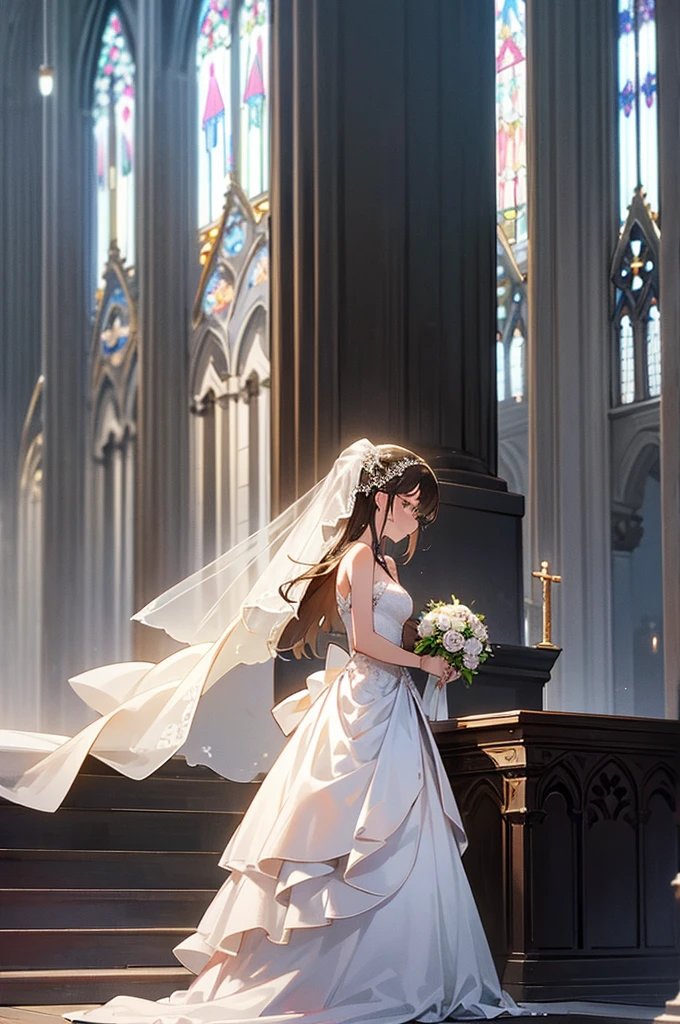 The idea is, I'd like to have her in a wedding gown (i can leave its design up to you) standing in a church/cathedral as the background, with tears in her eyes and a ring on her finger. A bride at the altar. Half body, wiping her tears