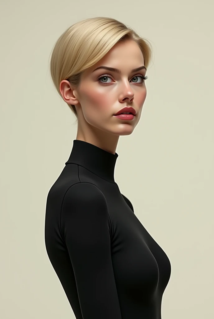 Create a tall woman, with a convex nose and short blond hair 