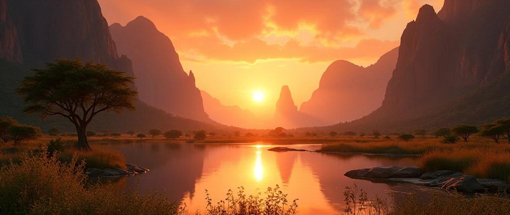 Stunning African wilderness landscape, beautiful sunrise over a tranquil lake, dramatic cinematic lighting, majestic rock formations, no animals or evil, breathtaking view, extreme detail, (best quality, 4k, 8k, high definition, masterpiece: 1.2), extreme detail, (realistic, realistic, photorealistic: 1.37), dramatic lighting, cinematic composition Pixar style close to the Lion King animation The land area is larger than the lake Trees and rocks Emphasis on theatrical perspective