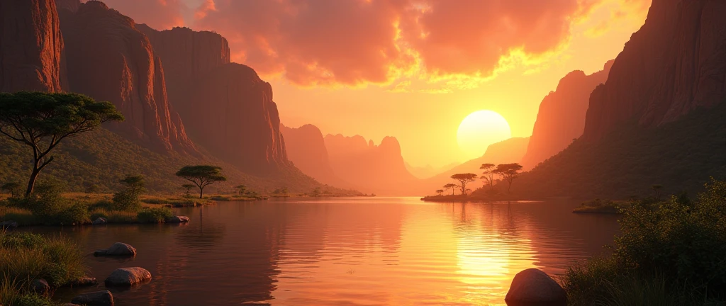 Stunning African wilderness landscape, beautiful sunrise over a tranquil lake, dramatic cinematic lighting, majestic rock formations, no animals or evil, breathtaking view, extreme detail, (best quality, 4k, 8k, high definition, masterpiece: 1.2), extreme detail, (realistic, realistic, photorealistic: 1.37), dramatic lighting, cinematic composition Pixar style close to the Lion King animation The land area is larger than the lake Trees and rocks Emphasis on theatrical perspective