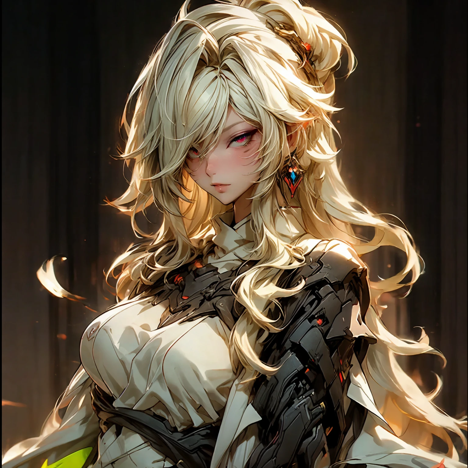 (best quality)), ((Masterpiece)), (details:1.4), 3d, HDR (high dynamic range), an image of a beautiful cyberpunk female, cyberpunk, blonde hair, Sleek style, Curtain Bangs, Red eyes, จมูกโด่ง, ปากแดง, หน้าอกใหญ่, nvidia RTX, PBR surface, After processing, Anisotropic filtration,depth of field, Maximum clarity and clarity, multi-layered surface, Subsurface scattering, perfect proportions, 8K raw files, ultra detailed, Perfect proportions, volumetric lighting, soft lighting, Holy Paladin, Heavy black Armor, glossy skin, chapel background, jewely, ต่างหู, นิ้วมือสมบูรณ์,