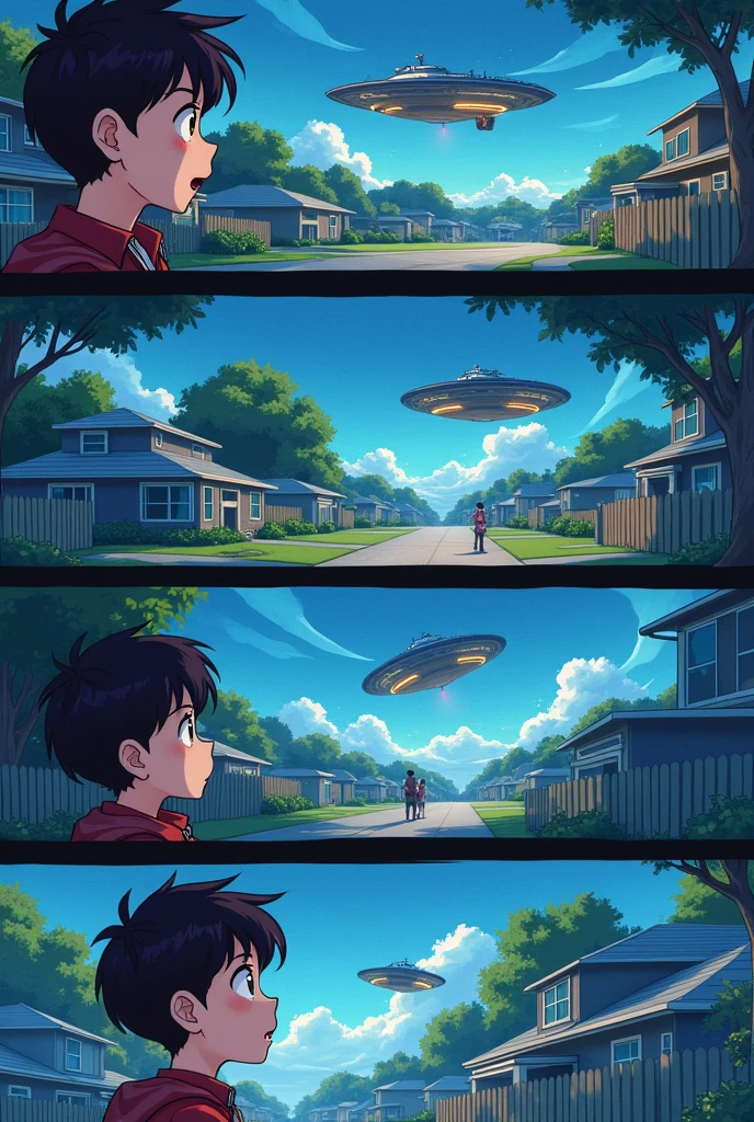 "Alien Encounter"
Panel 1: "A strange object is found by the young person in the backyard."
picture:A young man finds a strange object in his garden。
Panel 2: "The object is picked up and examined."
picture:A young man picks up the object and examines it.。
Panel 3: "The object suddenly starts glowing and hovering."
picture:The object suddenly begins to glow、Floating in the air。
Panel 4: "The object is revealed to be a tiny alien spacecraft, and the young person is invited for a ride."
picture:The object is actually a small spaceship.、There's an alien on board、Young people are invited。The young people are surprised but also enjoying themselves.。
Taking the above into consideration、4コマ漫画のpictureを作成してください。Not a photo、I like the anime style。