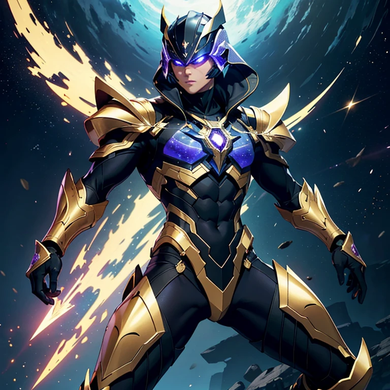 It's a man. The image presents a highly detailed and futuristic armor designed for a male warrior. The armor combines elements from different parts to create a cohesive and powerful look.

Helmet: The helmet features a sleek, aerodynamic design with a golden metallic finish. It has a central crest that rises upwards, and the visor glows with a bright blue light, giving it a high-tech, futuristic appearance.

Pauldrons (Shoulder Pads): The shoulder pads are large and wing-like, curving outward and upward, with a polished golden finish. These pads extend slightly beyond the shoulders and include a sleek, angular design, providing both a majestic and powerful look.

Chest Plate: The chest plate is intricately segmented, with a combination of gold and dark metallic blue. It has a gem-like crystal in the center that emits a soft, mystical glow. The design of the chest plate is both protective and regal, with sharp, angular lines that add to the overall futuristic aesthetic.

Arm Guards: The arm guards are sleek and streamlined, with articulated golden and purple segments that offer flexibility and protection. The design of the gauntlets is both robust and elegant, incorporating futuristic elements that blend with the classic style.

Leg Armor: The legs are armored with segmented plates that are primarily gold and purple. The boots are angular and sturdy, with a design that conveys both strength and agility. The overall look of the leg armor is grounded yet sleek, completing the ensemble with a powerful stance.

The background of the image is a dark cosmic scene, filled with distant stars and nebulae that highlight the polished surfaces of the armor. Dynamic lighting is used to emphasize the key features, particularly the glowing visor and central chest gem, reinforcing the mystical and imposing nature of the warrior.