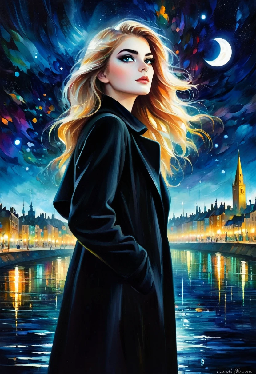 young teen Brighton Sharbino, ethereal fantasy concept art of a (Illustration by Herge of a city at night where a Brighton Sharbino wears a black coat, city skyline, beautiful shading, black makeup, shiny glossy, dark night, (by Herge1.2):1.2) touching water surface, chaotic resonance, microdisplacement, watercore, bioluminescence, aetheric realm, chiaroscuro, symbolism, intricate details, style of (Leonid Afremov:1.1) and Anna Dittmann, . magnificent, celestial, ethereal, painterly, epic, majestic, magical, fantasy art, cover art, dreamy