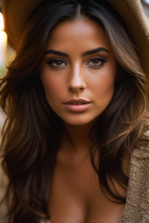 Ultra detailed photograph of an attractive woman, Holly peers lookalike, uncovered fluidic luscious breasts, (elegant facial expression), textured skin, goosebumps, beautiful hair, cowboy shot, dark and mysterious cave with unique rock formations and hidden wonders, perfect eyes, (candlelight,chiaroscuro), Porta 160 color, shot on ARRI ALEXA 65, bokeh, sharp focus on subject, shot by Don McCullin