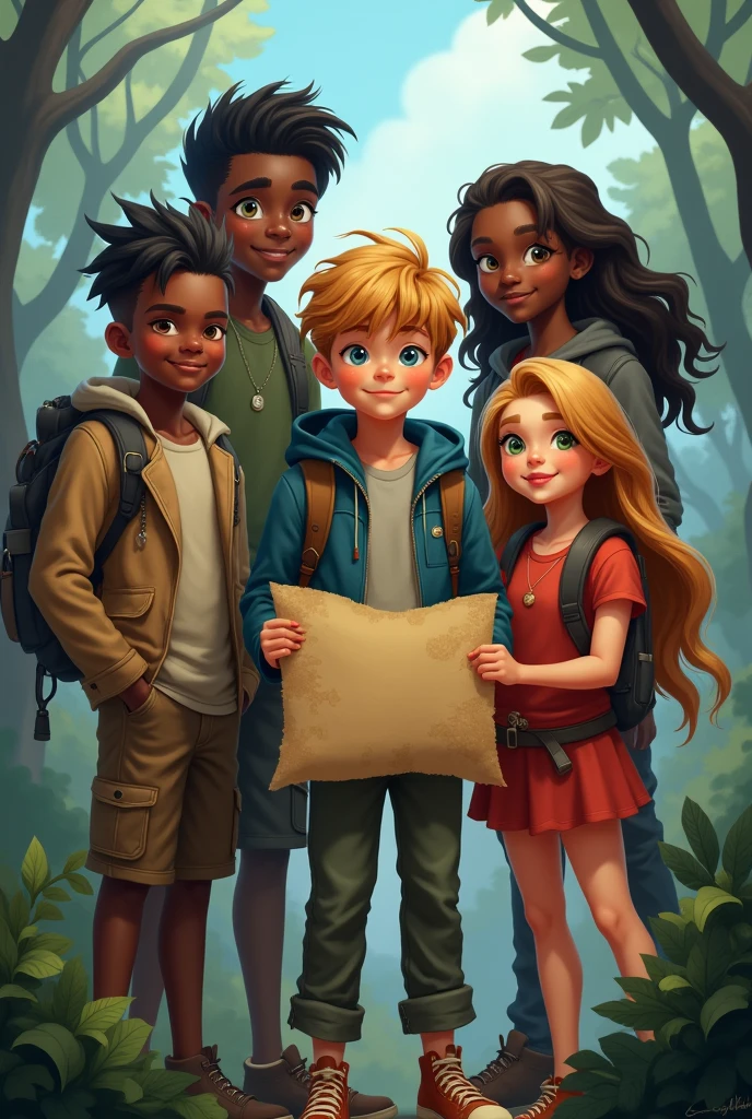 A group of friends with 5 people a tall boy with black hair and green eyes a tall blond boy with blue eyes and a tall boy with dark skin and wavy hair a tall girl with brown hair and honey-colored eyes and a tall blonde with green eyes and the one with black hair in the middle of everyone holding a map and they are teenagers of