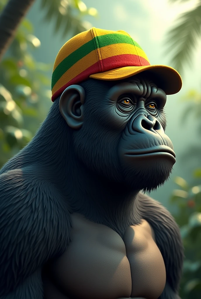 A gorilla wearing a reggae-style cap emblazoned with the Jamaican flag