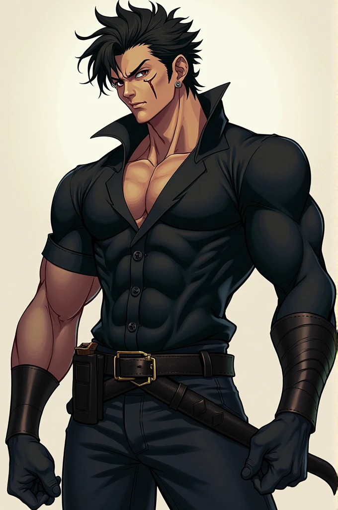 A male anime character with dark skin, black hair, brown eyes, full body, with a scar on his left eye, with a serious look and a rebellious attitude.