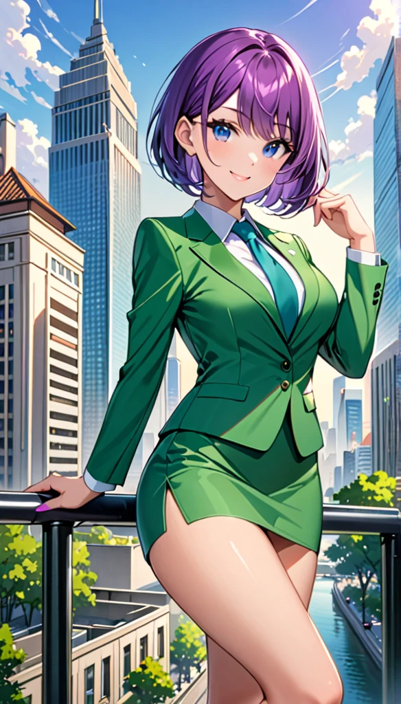 masterpiece, best quality, highres, 1girl, solo, green suit and tie, pencil skirt, miniskirt, bare legs, matching shoes, looking at viewer, city backdrop, perfect hands, perfect eyes, perfect legs, perfect arms, perfect fingers, medium breasts, standing, purple hair, short hair, bob hair, blue eyes, standing, smile, full body with costume, :d