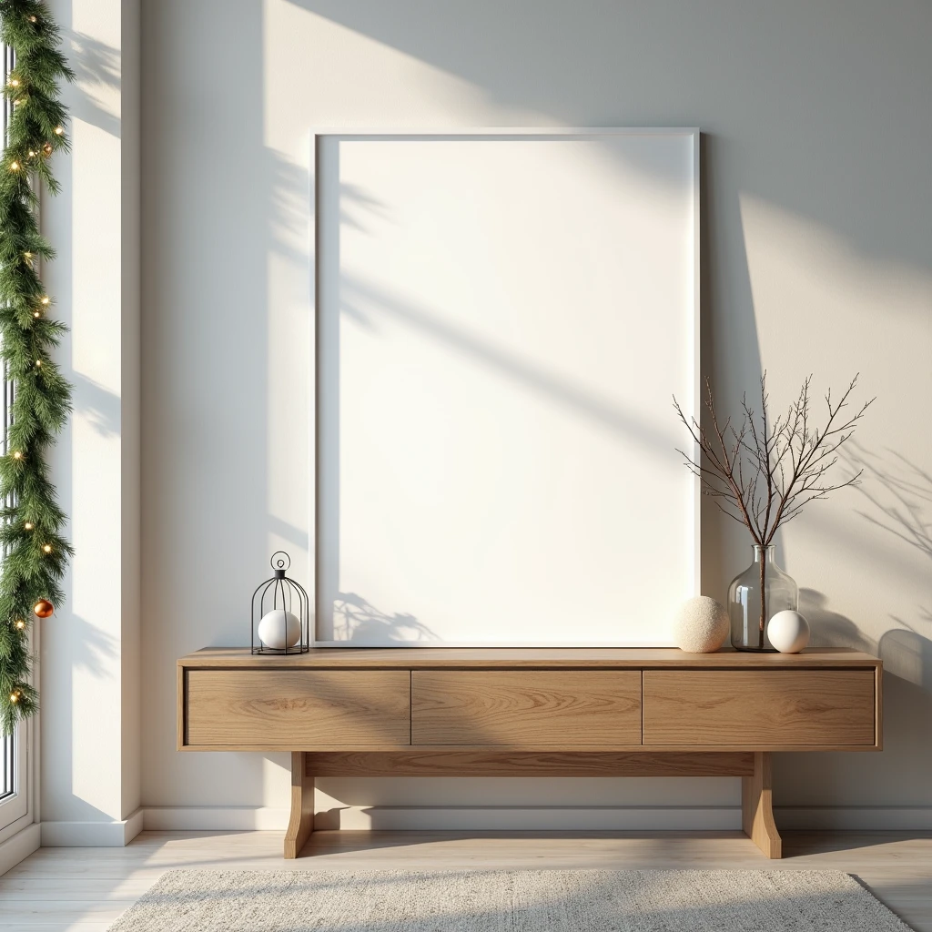 An ultra-realistic Christmas entryway, featuring a vertical DIN A-sized white-framed blank canvas leaning against the wall on a rustic wooden console table. The canvas is nearly pristine white, with very subtle reflections from the twinkling lights of a Christmas garland nearby. Minimal shadows from a lantern enhance the scene without detracting from the blank canvas. The entryway is filled with festive holiday decor, creating a welcoming and detailed atmosphere, while the canvas stays clean with only slight light effects
