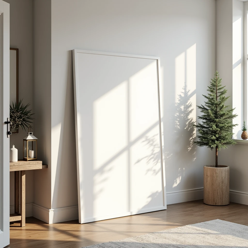 An ultra-realistic Christmas entryway, featuring a vertical DIN A-sized white-framed blank canvas leaning against the wall on a rustic wooden console table. The canvas is nearly pristine white, with very subtle reflections from the twinkling lights of a Christmas garland nearby. Minimal shadows from a lantern enhance the scene without detracting from the blank canvas. The entryway is filled with festive holiday decor, creating a welcoming and detailed atmosphere, while the canvas stays clean with only slight light effects