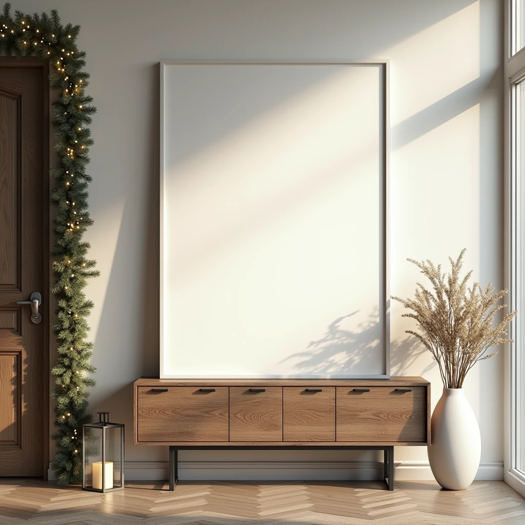 An ultra-realistic Christmas entryway, featuring a vertical DIN A-sized white-framed blank canvas leaning against the wall on a rustic wooden console table. The canvas is nearly pristine white, with very subtle reflections from the twinkling lights of a Christmas garland nearby. Minimal shadows from a lantern enhance the scene without detracting from the blank canvas. The entryway is filled with festive holiday decor, creating a welcoming and detailed atmosphere, while the canvas stays clean with only slight light effects