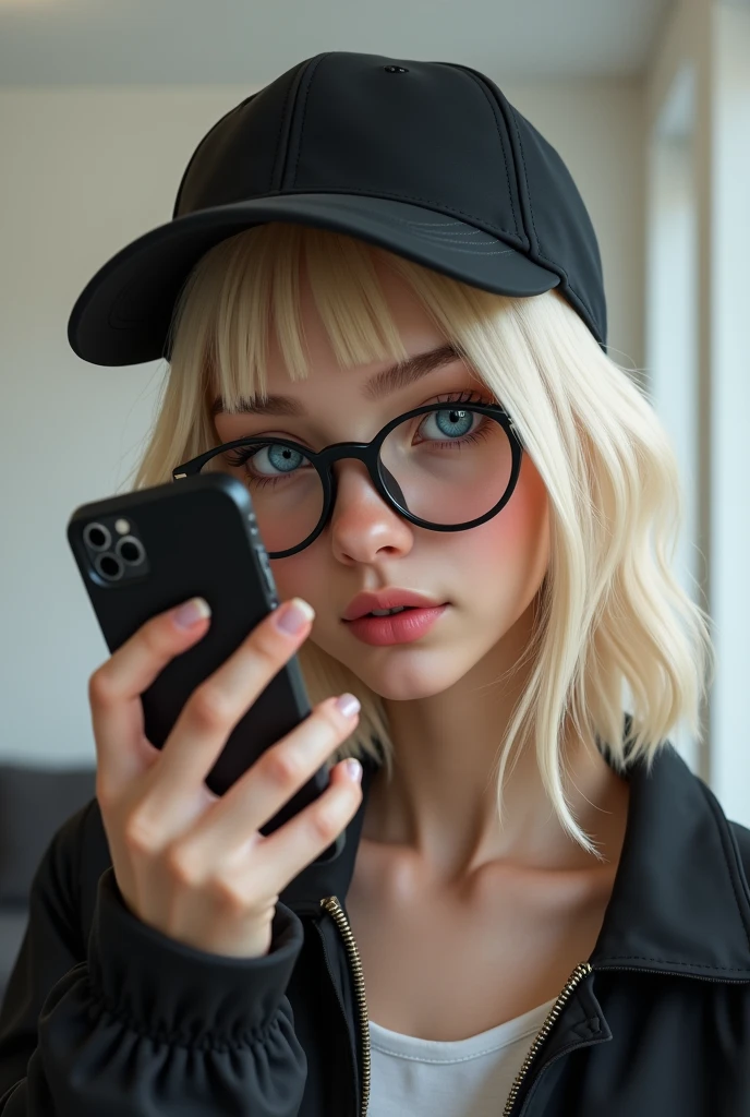 Hyperrealistic image of a 2 "woman" with blue eyes, straight cream-blond hair, standing in front of a mirror taking a selfie, covering part of the left side of her face with her phone. The person is wearing a baseball cap, circular glasses with black lenses, a black jacket and is holding a phone with a black case, she has small nails. The background is just a white wall of a typical European house.