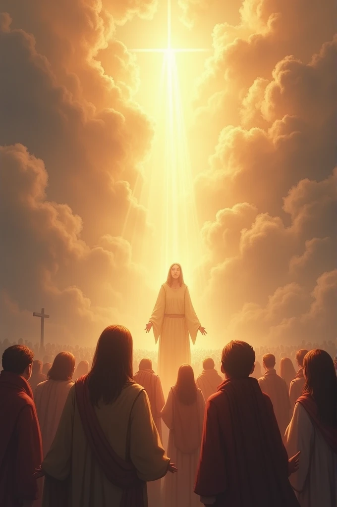 "Create an image of a peaceful, radiant light surrounding a group of people who are suffering. The light represents God's comforting presence. The scene should convey a sense of warmth, hope, and divine protection, with subtle symbols of faith like a cross or gentle rays of sunlight breaking through clouds. The people's expressions should gradually shift from despair to calmness as they feel the comforting embrace of the light."