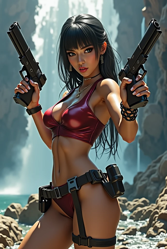 a beautiful woman in a sexy bikini holding double pistols, extremely detailed face and body, beautiful detailed eyes, beautiful detailed lips, extremely detailed eyes and face, longeyelashes, highly detailed, intricate details, sharp focus, physically-based rendering, professional, vivid colors, dramatic lighting, action pose, adventure, tomb raider, video game character, showing ass, posing waterfall