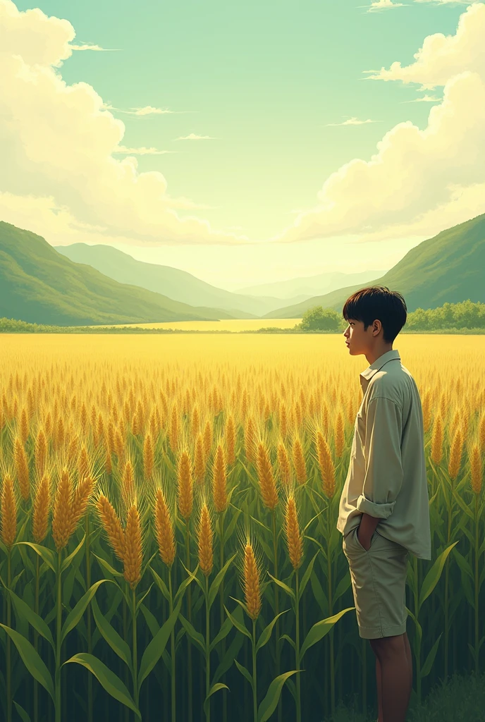 BACKGROUND IMAGE FOR WRITING A POEM, WITH CORN THEME, WITH YOUNG MAN ON THE RIGHT SIDE