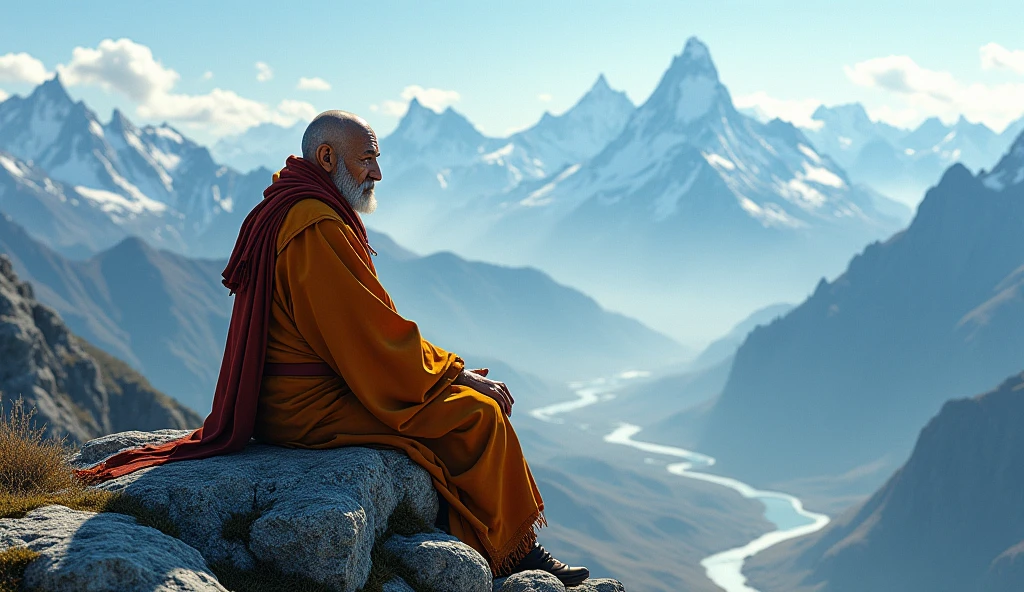 Tibetan monk sits on a mountain and looks into the distance.