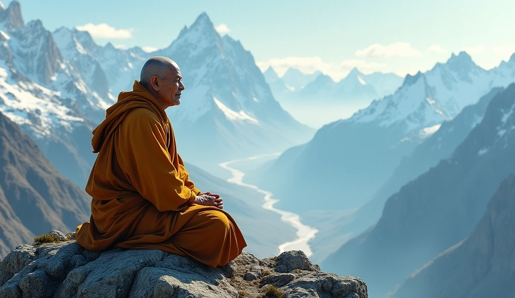 Tibetan monk sits on a mountain and looks into the distance.
