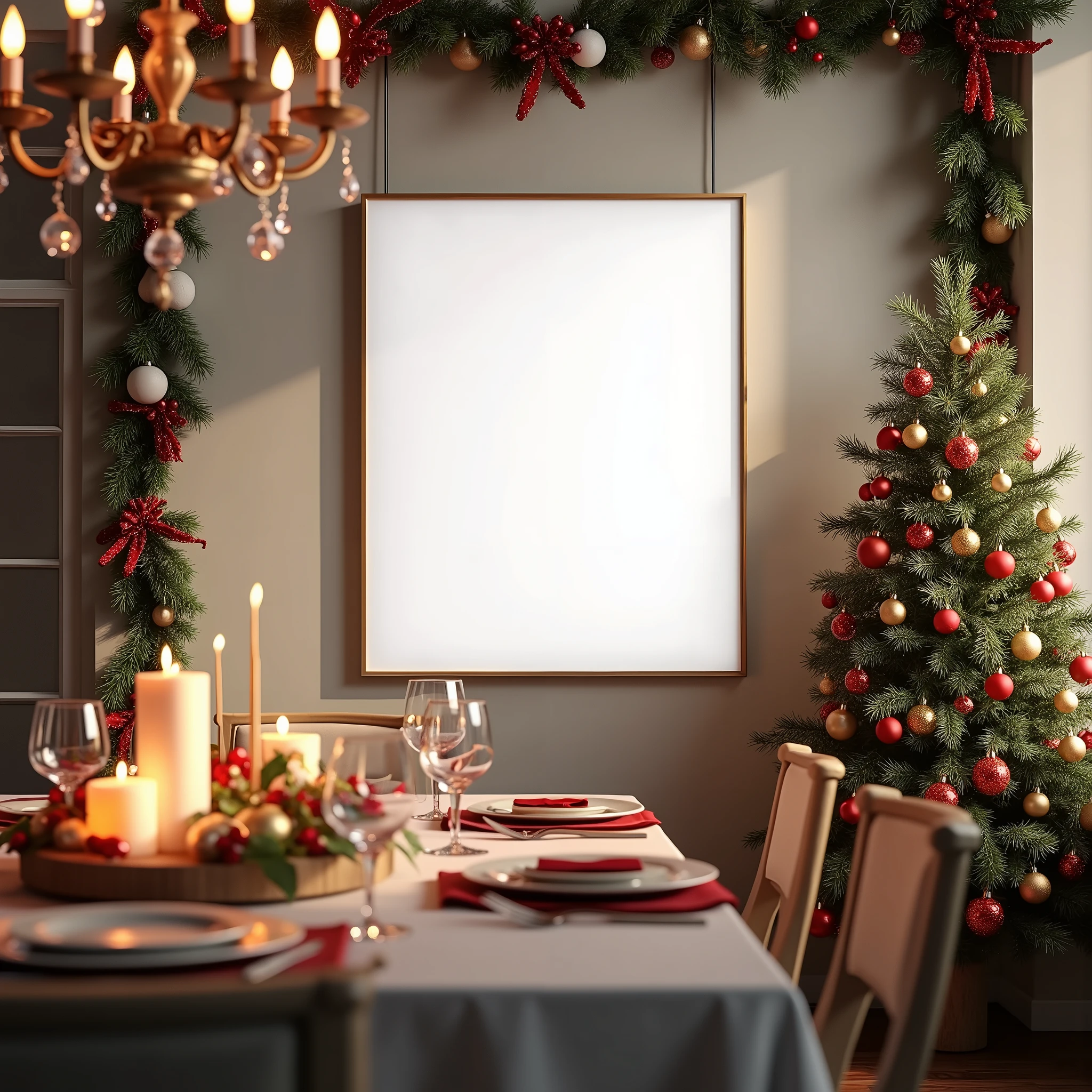 An ultra-realistic Christmas dining room, featuring a vertical DIN A-sized blank white-framed canvas hanging on the wall. The canvas stays predominantly white, with only faint reflections from the ambient lighting of a chandelier and the soft glow of holiday candles on the table. The dining room is adorned with festive decor—garlands, red and gold ornaments, and a table set for a Christmas feast. The minimal reflections and soft shadows on the canvas enhance the festive yet serene atmosphere