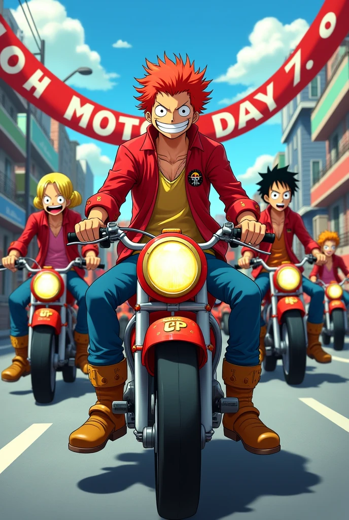 Anime one piece shanks riding a mini moped , Shanks took 100 people on a motorbike , they all wear red jackets with GPH written on them , all wearing long jeans, and wear motorcycle boots, all members are excited , in front holding a banner that says Sabah Moto Day 7.0
