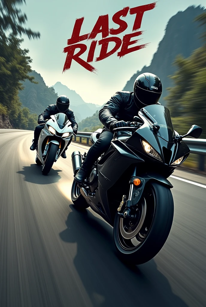 The picture is supposed to remind you of the last scene of fast and furies 7 but only with motorcycles, the picture was taken from above, a black sporty Kawasaki continues straight down the road and the white Yamaha R1 takes the exit on the right, the picture has a text in the middle "Last ride"