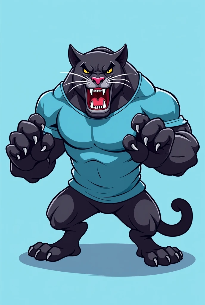 Muscular panther cartoon, with angry face, showing his claws making a 4, looking ahead, with a light blue t-shirt
