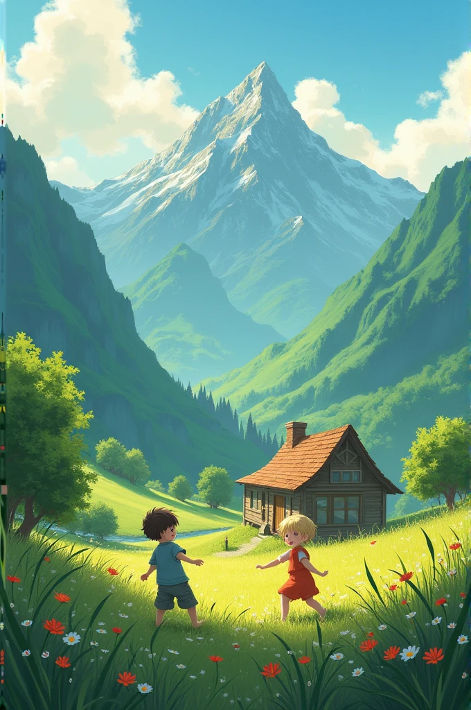 Generate beautiful green Mountain and one house between them 2 children are playing