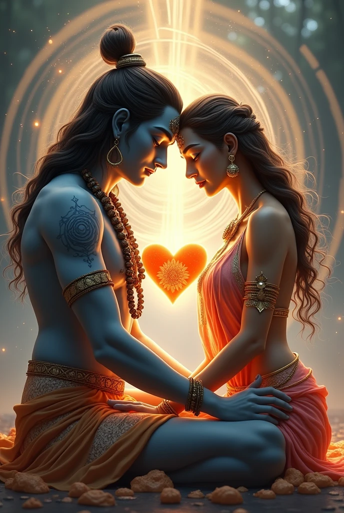 Generate an aesthetic image of lord shiva and parvati with heart in hd resolution