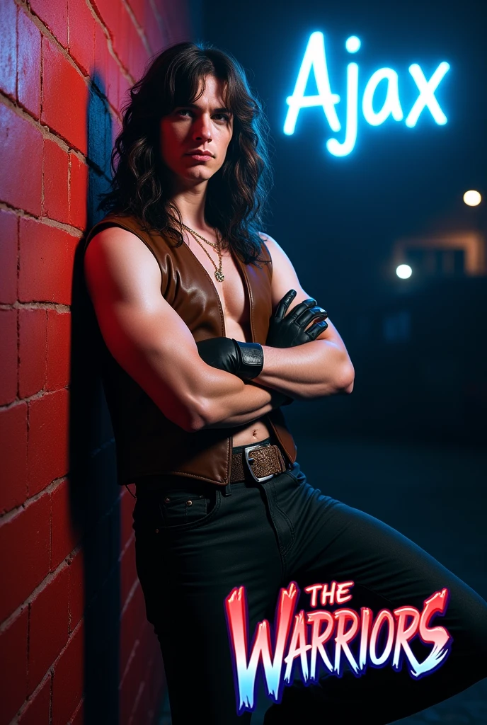 film The Warriors 1979 Stylized poster featuring a man (James Remar) leaning against a red brick wall. The man has white skin, shoulder-length hair and a dark gigachad face with a serious expression. He is wearing a sleeveless brown leather vest, classic retro black genuine leather gloves, middle finger gloves, a black belt with a large buckle and dark pants. His arms are crossed with his foot resting on the wall. The background is a dark blue to black gradient, transitioning into the red brick wall. The word 'AJAX' is displayed in bright blue neon letters in the top right corner. In the bottom right corner there is a logo
red and blue color, with the text ‘The Warriors’ in graffiti style font.