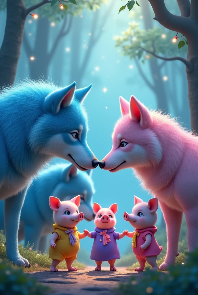 wolves (cerulean ) with the three little pigs (Pink, purple, yellow)