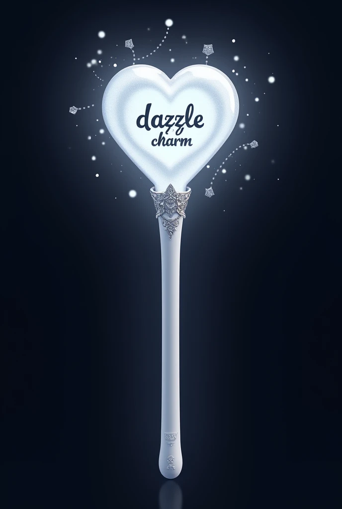kpop lightstick but looks like magic wand. elegant and sophisticsted but cute. the stick is white, NOT TOO THIN and 15cm height. the stick has on or off button on it. On top of the stick is love. The love is chained with silver diamond chain. In between the love and the stick, there is word 'DAZZLE CHARM' surrounded the lightstick in horizontal and circular. The word is in black. The lightstick emits silver light. Glow in the dark. Preview full lightstick. No hand.