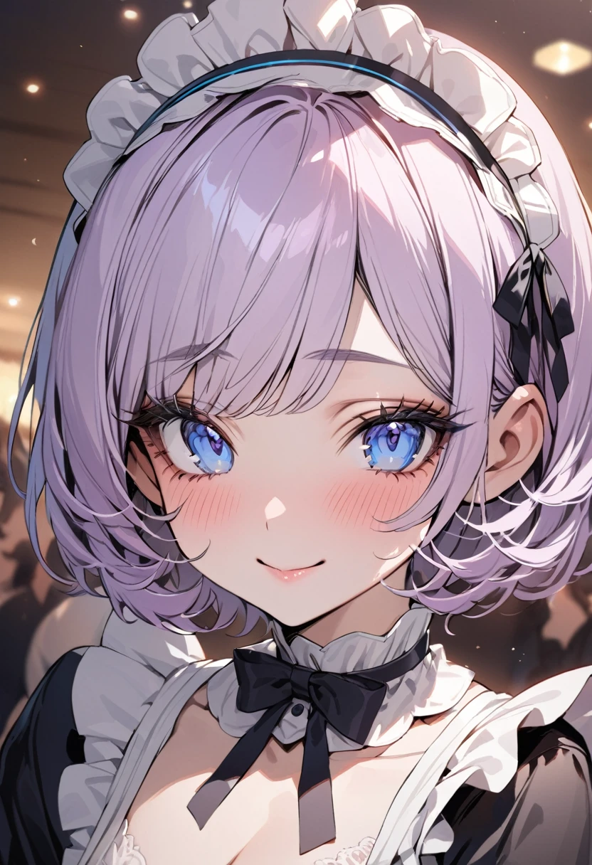 ((best quality)), ((Masterpiece)), (details), Young woman, alone, ( light purple hair, blue eyes, ((short hair)) , beautiful face, Beautiful skin, Long eyelashes, Thick eyelashes) , Maid outfit, Housewife headband, look at the audience, Blush and smile,